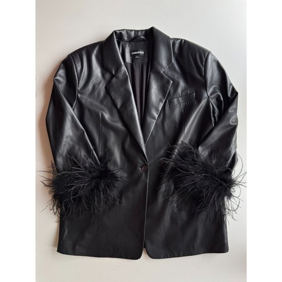 LAMARQUE Galia Black Faux Leather Feather Trim Oversized Blazer, Size XS/S - Picture 5 of 13